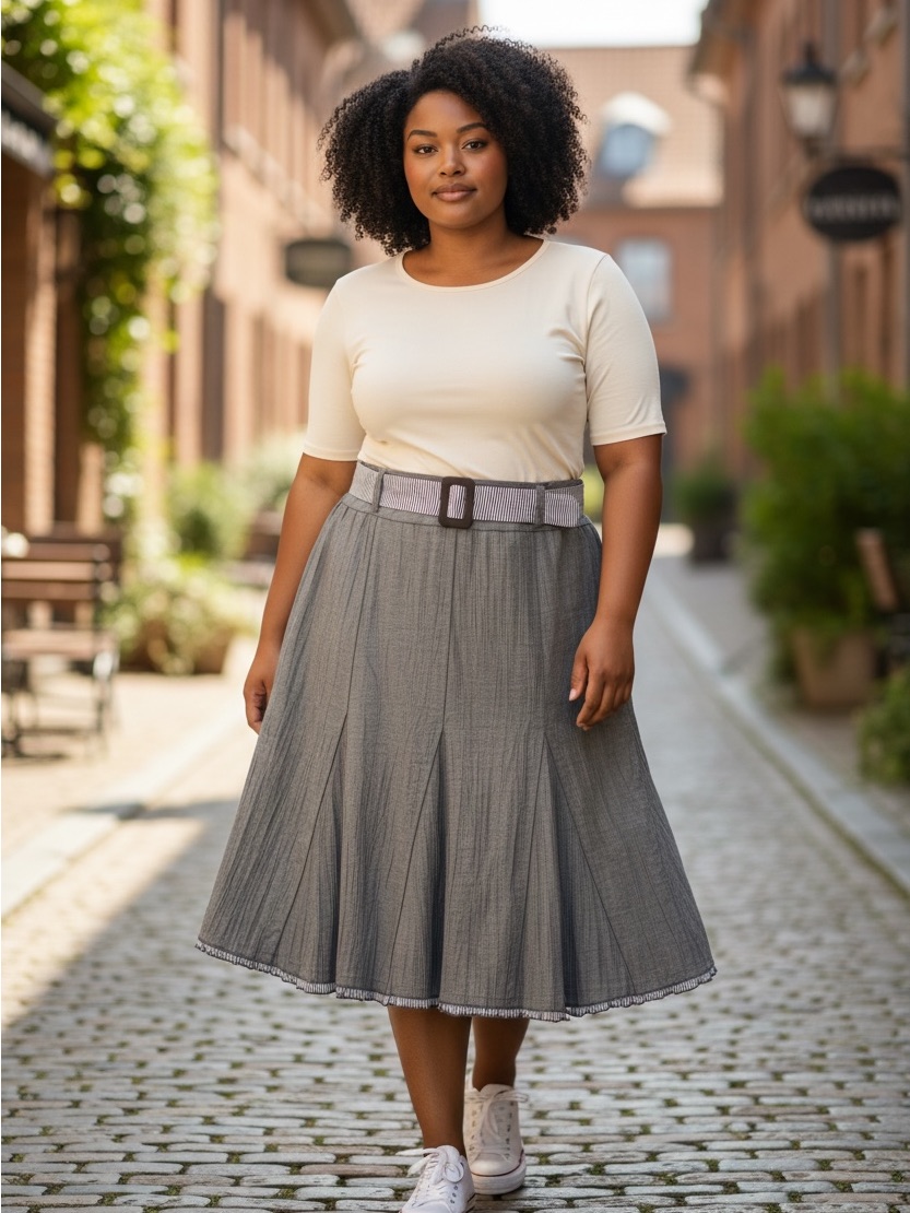 Lucien Daunois Gray Pleated A-Line Skirt With Striped Waistband Size 48